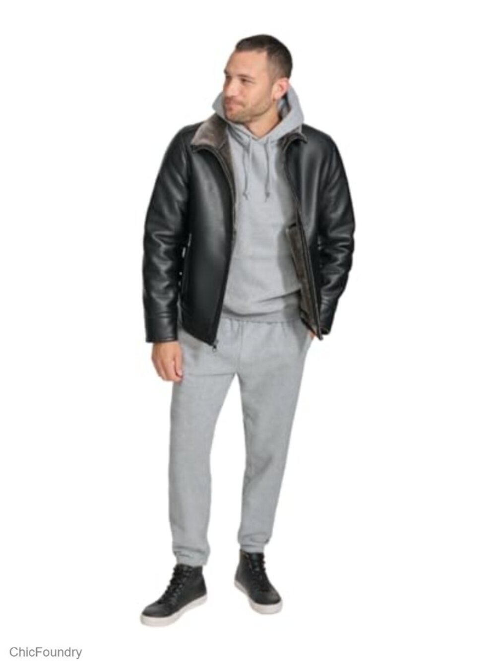 Faux Leather Aviator Jacket with Faux Fur Lining